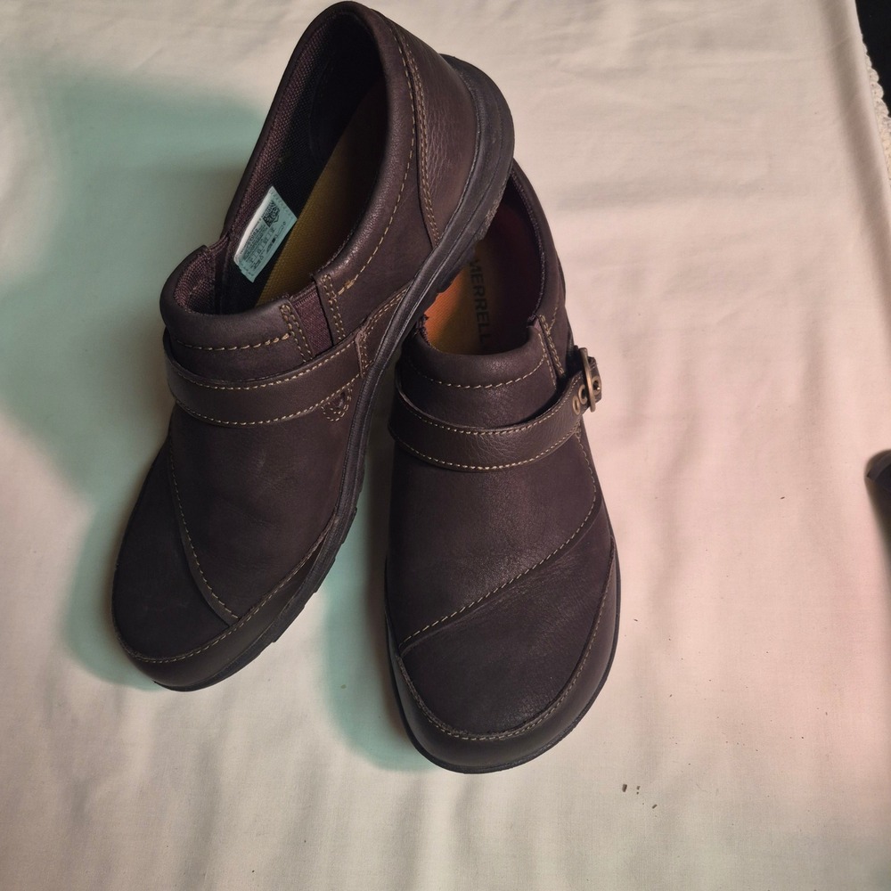 Merrell Womens J69082 Espresso Brown Leather Buckle Slip On Loafers Shoes Size 8